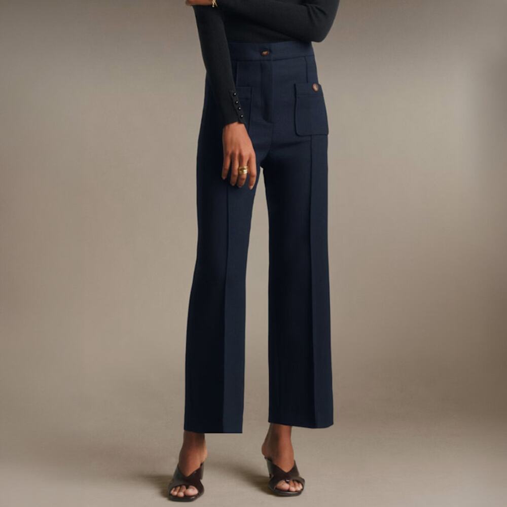Sézane Emilio Navy High Rise Cropped Trousers Size FR 44
